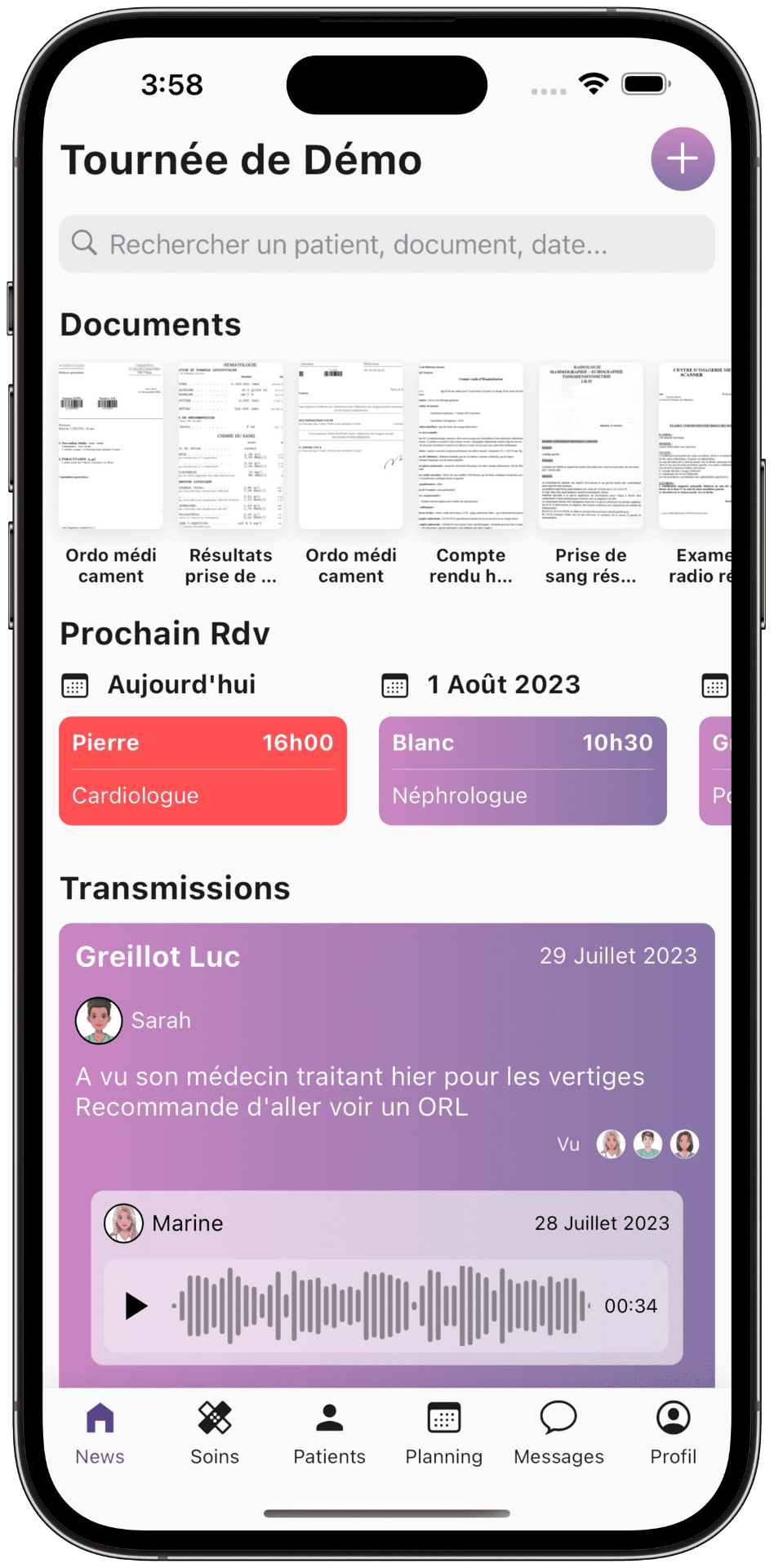 Dossiers patients et transmissions Infeelib sur iPhone